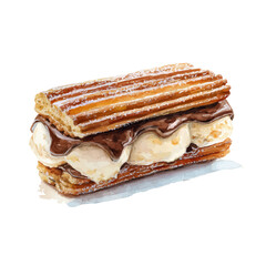 Watercolor vector illustration of Churro Ice Cream Sandwich, isolated on white background.