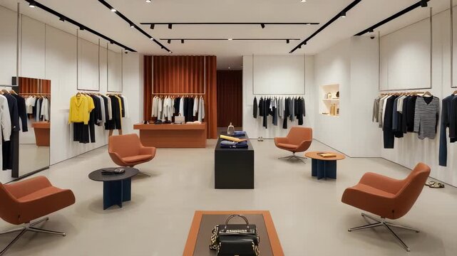 The bright, modern store features a light gray floor, white walls, and track lighting. Clothing racks line the sides, with brown chairs and tables