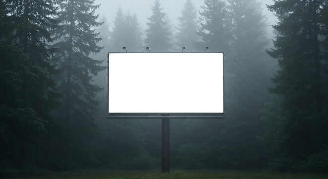 Large blank outdoor billboard mockup for advertising against a mysterious foggy pine forest background.