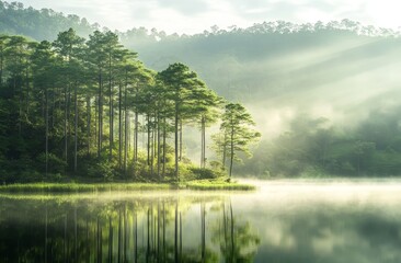 A picturesque scene of pine trees and a lake created by a reservoir makes for a beautiful landscape view