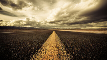 Fototapeta premium A deserted road stretches toward the horizon under dramatic cloudy skies, creating a cinematic mood.