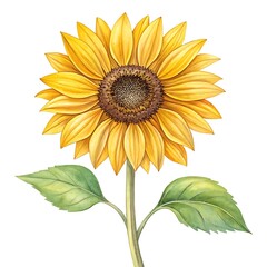 Naklejka premium Beautiful watercolor sunflower with green leaves on white background