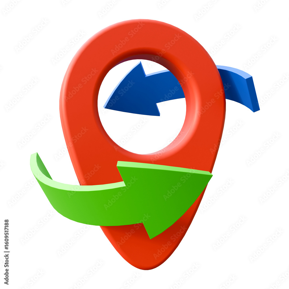Poster red navigation map pin with arrows around it on isolated background. red pointer with circular arrow