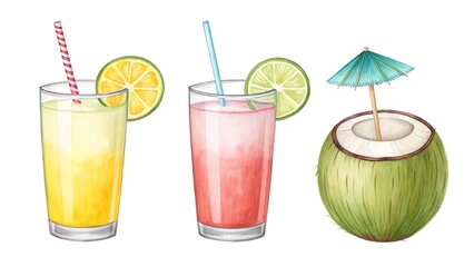 Fototapeta premium Three refreshing tropical drinks with lime and umbrella