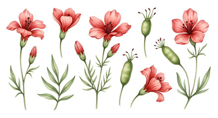 Watercolor Botanical Illustration Of Red Flowers, Buds, And Seed Pods