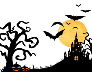 Halloween transparent illustration, haunted castle on a hill and bats flying through the moon.