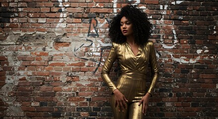 A stylish woman in gold attire poses against a textured brick wall, radiating confidence.