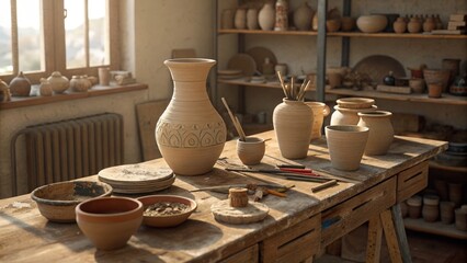 Ceramic pottery workshop with various unglazed clay vessels and tools on rustic table, artisan craft concept