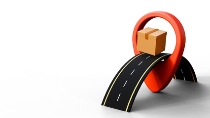 A cardboard box rests on road running through the middle of a red map pin with copyspace. Online shopping , ecommerce, logistics, delivery and design elements. Express delivery.