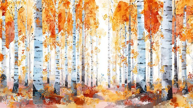 Peaceful watercolor landscape of birch trees in a quiet forest during late autumn or early winter. Gentle natural tones and seasonal woodland mood ideal for background or decorative concept