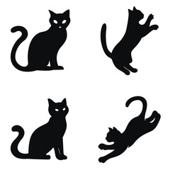 Set of black cat silhouettes in various poses. black and white illustration isolated on white background. Cat, halloween