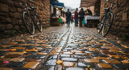 Cobblestone Street Autumnal Scene With Vintage Bicycles Parked, Rainy Day, Old Town
