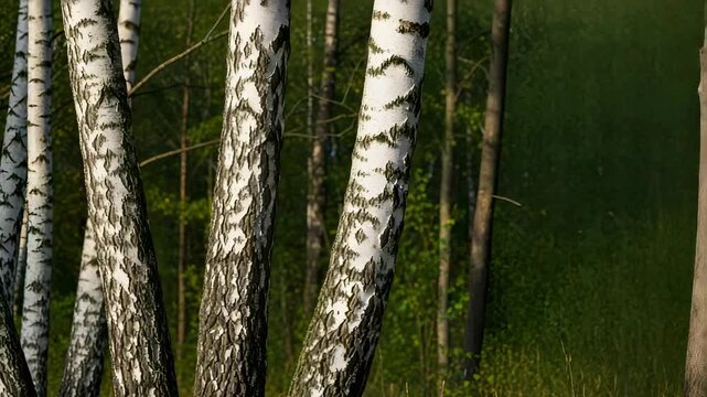 Tranquil forest scene featuring a row of white birch trees with black markings, set against a backdrop of lush green foliage. Natural lighting