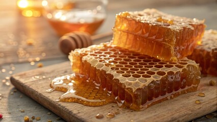 Raw natural honeycomb slices on wooden board with honey dipper and jar, healthy food concept