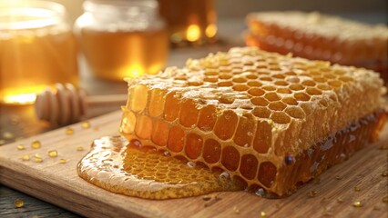 Raw natural honeycomb with jars of honey on wooden board, healthy food concept