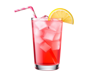  Tall Glass of Pink Lemonade with Ice and Lemon Slice, Front View, Isolated PNG