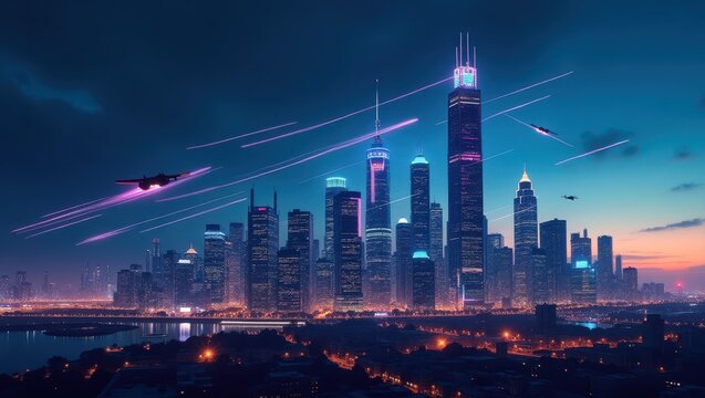 Futuristic cityscape at dawn with aircraft trails.