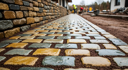 New Cobblestone Pathway Construction, Stone Wall, Landscaping, Exterior Design