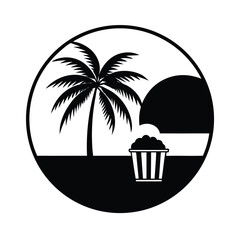 Sunset with Palm Tree Popcorn Bucket and Cat Illustration Design