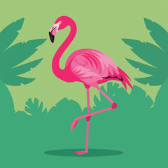 Fototapeta premium Vibrant Pink Flamingo Standing on One Leg in Tropical Setting.