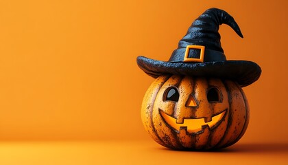 Carved Halloween pumpkin with black witch hat and glowing face jack o lantern