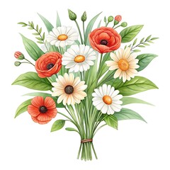 Obraz premium Vibrant watercolor bouquet of poppies and daisies with green leaves