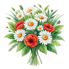 Vibrant watercolor bouquet of daisies and poppies with greenery
