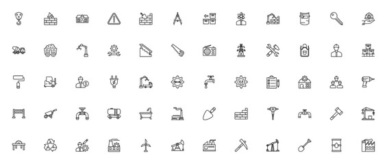 Industry icon set. Vector illustration pack. Includes symbols for construction, tools, machinery, energy, workers, robotics, oil, safety and more. Editable stroke design.