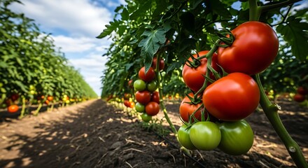 Ripe red and green tomatoes growing on vines in a field image