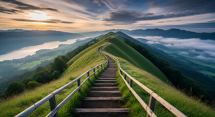 Serene Sunrise Mountain Path: Wooden Steps, Green Hills, Scenic Vista, Foggy Valley