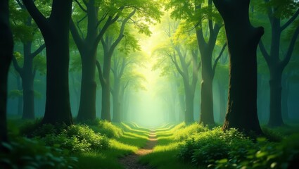 Sunlit path through a mystical forest.