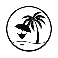 Sunset with Palm Tree Silhouette and Cocktail Glass Design Illustration