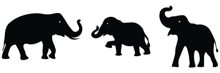 Elephant black silhouette icon. Hand drawn animals isolated at white background. Majestic animal artwork, black and white minimalist design. Vector illustration.