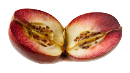 A slice of red fruit with a hole in the middle