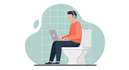 Man working on laptop while sitting on toilet, perfect for illustrating work-life balance or remote work challenges.