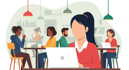 Diverse group of people working and relaxing in a modern cafe, perfect for illustrating remote work, coworking spaces, or a lifestyle blog.