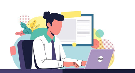 Young businessman working on laptop, perfect for website banners, blog posts, and presentations.