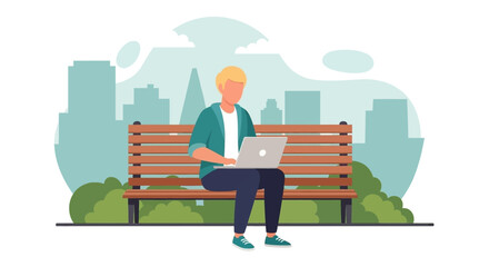 Young man working on laptop in city park - perfect for website banners or blog posts about remote work, freelancing, or city life.