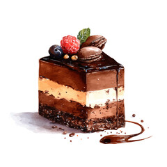 Watercolor vector illustration of Chocolate Mousse Cake, isolated on white background.