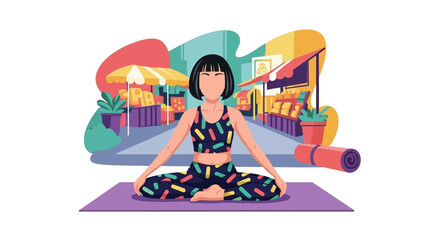 Woman meditating in lotus position outdoors near a market, perfect for wellness websites or brochures.