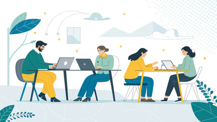 Teamwork and Collaboration: Diverse professionals working together on laptops in a modern office setting. Ideal for website banners, brochures, and presentations.