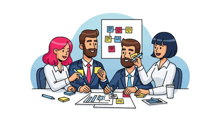 Teamwork Illustration: Diverse Businesspeople Collaborating on a Project, Perfect for Landing Pages or Brochures
