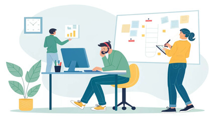 Obraz premium Teamwork in a modern office: Illustration perfect for business presentations, websites, and marketing materials.