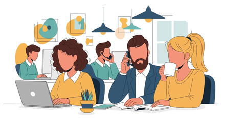 Busy office workers collaborating on projects, ideal for website banners or business presentations.