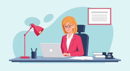 Businesswoman working on laptop at her desk.  Perfect for websites, brochures, and marketing materials.