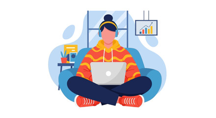 Person working from home on laptop, wearing headphones. Ideal for blog posts, websites, or social media related to remote work, freelancing, or online business.