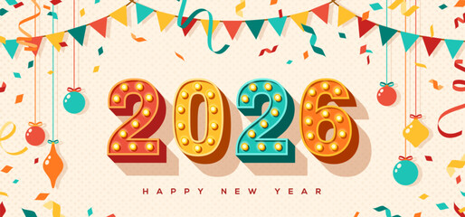 Merry Christmas Happy New year 2026 card invitation, typography design. Vector illustration. Retro light bulbs font, streamers, confetti and hanging flag garlands. Flyer, poster voucher template.