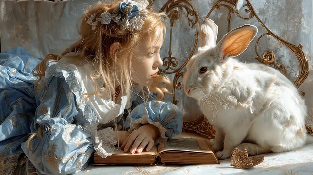 Alice leans closer to white rabbit in dreamy scene full of wonder. Alice stares with curiosity in fairytale atmosphere. Alice begins journey through surreal world beyond ordinary life.