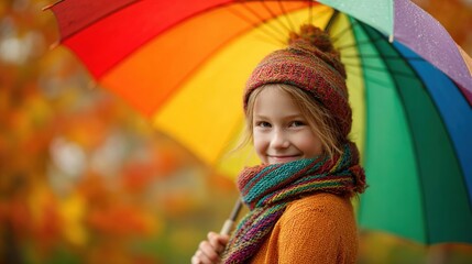 A young Caucasian girl with blonde hair smiles while holding a colorful rainbow umbrella. She wears a knitted hat and a warm scarf in an autumn setting.