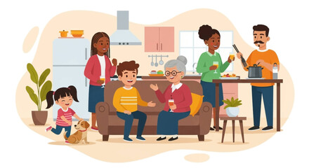 Happy multigenerational family gathering at home, perfect for illustrating family, togetherness, and celebration.